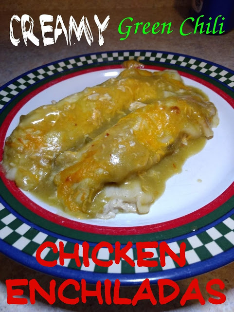 creamy green chili chicken enchiladas on plate pinterest image